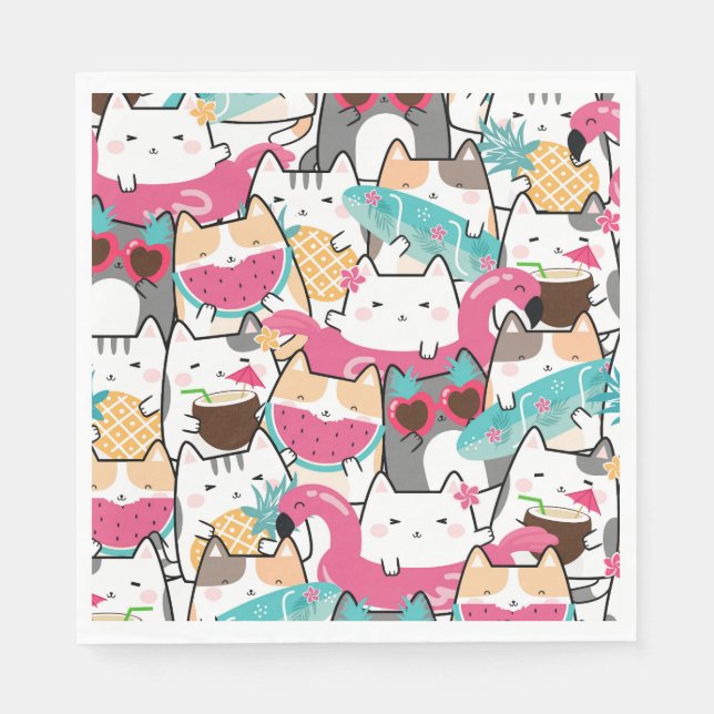 Serviette En Papier Pink Kawaii Cats Pool Party Anniversaire (Devant)