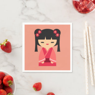 Serviette En Papier Pink Kokeshi poupées japonaises