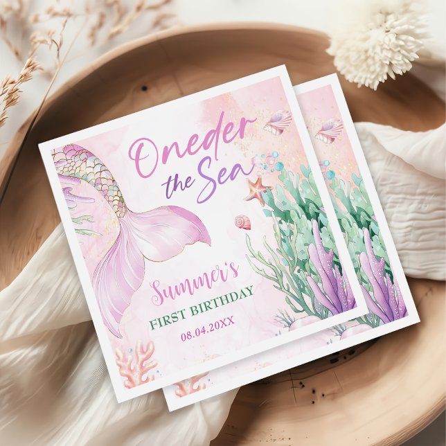 Serviette En Papier Pink Mermaid 1st Birthday Oneder the Sea Party  (Créateur téléchargé)
