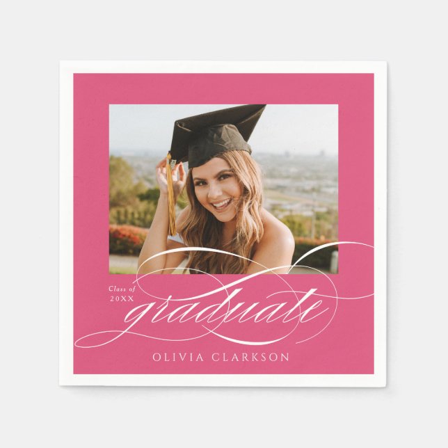 Serviette En Papier Pink Modern Élégant Script Photo Graduation Party (Devant)