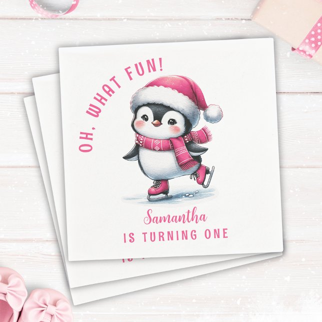Serviette En Papier Pink Oh What Fun Cute Penguin Girl 1er Anniversair (Créateur téléchargé)