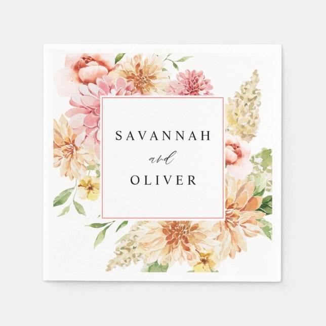 Serviette En Papier Pink & Peach Floral & Greenery Nom 2 (Devant)