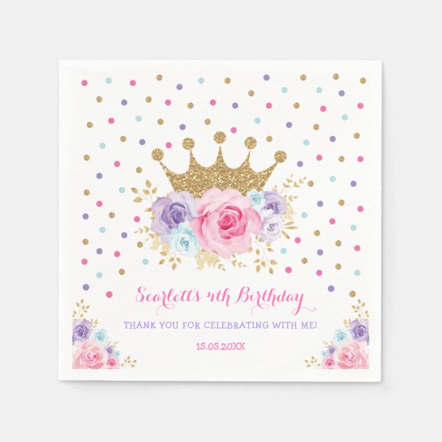 Serviette En Papier Pink Purple Crown Princess Royal Anniversaire (Devant)