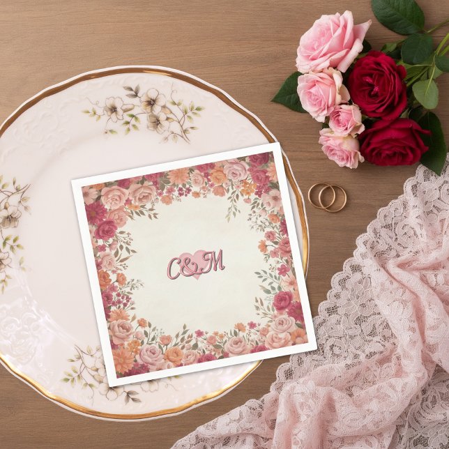 Serviette En Papier Pink & Red Romantic Rose Spring Floral Wedding (Flat lay pink red watercolor floral vintage spring garden romantic wedding monogram napkin)
