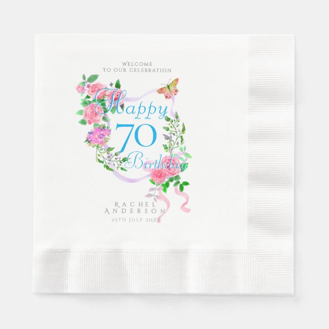 Serviette En Papier Pink Rose Ribbon 70th Birthday (Devant)