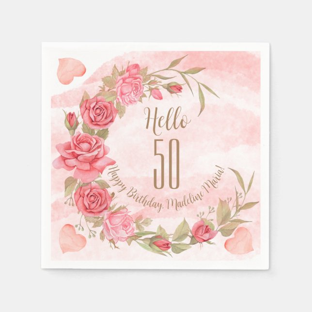 Serviette En Papier Pink Rose Wreath Personnalisé Anniversaire Fête (Devant)