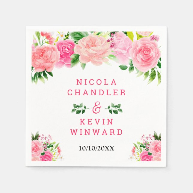 Serviette En Papier Pink Roses with Foliage Wedding (Devant)