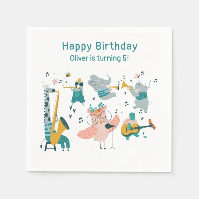 Serviette En Papier Pink Songbird avec Animal Band Anniversaire (Devant)