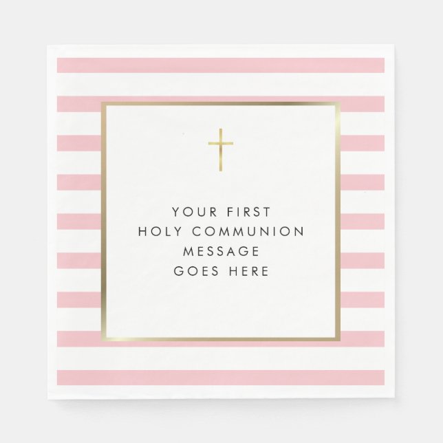 Serviette En Papier Pink Stripe Gold Cross Holy Communion Message (Devant)