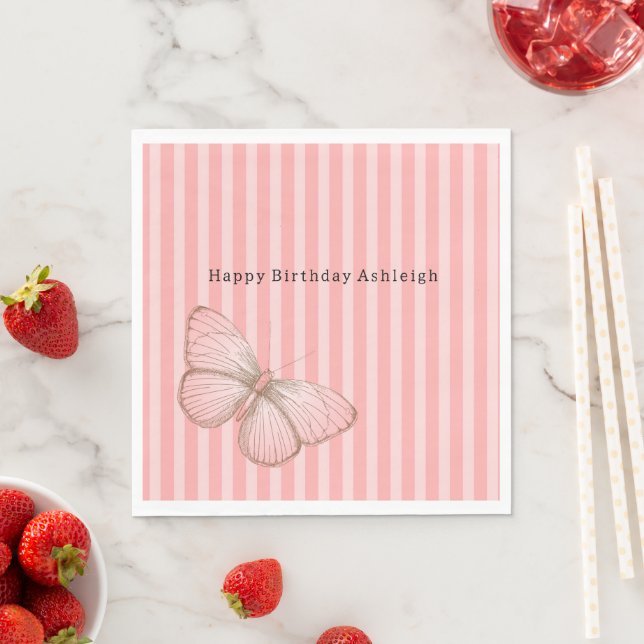 Serviette En Papier Pink Stripes with Butterfly Birthday (En situation)