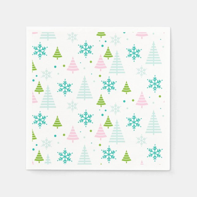 Serviette En Papier Pink Teal Green Trees Modern Christmas  (Devant)