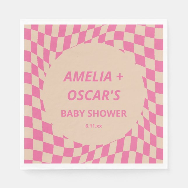 Serviette En Papier Pink Wavy Checker Couples Baby Shower Names (Devant)