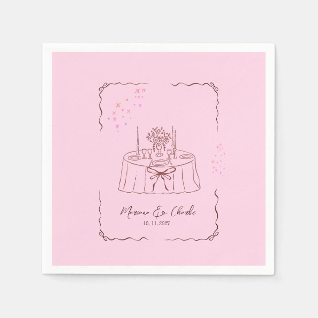 Serviette En Papier Pink Whimsical Hand Drawn Illustrated Wedding  (Devant)