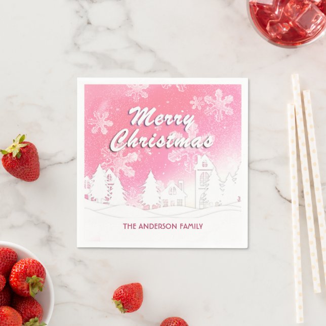 Serviette En Papier Pink White House Snowflakes Joyeux Noël (En situation)