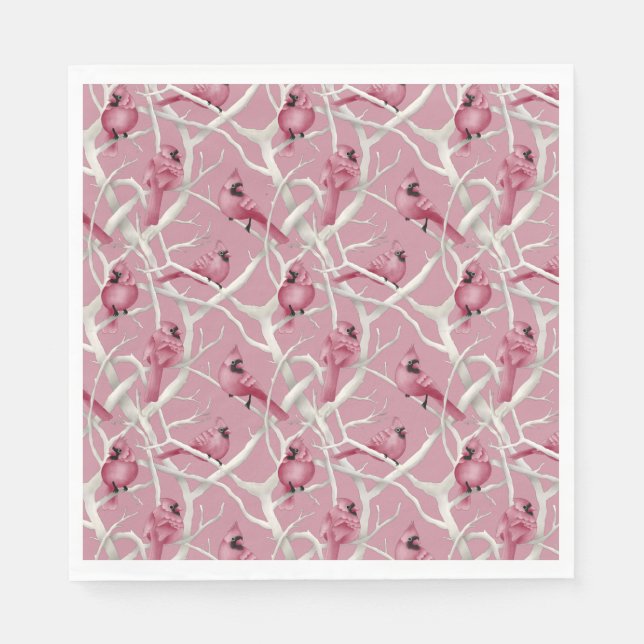 Serviette En Papier Pink Winter Woodland Noël Cardinal Birds (Devant)