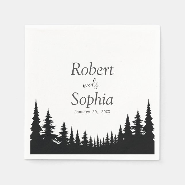 Serviette En Papier Pins noirs et blancs Mariage d'hiver (Devant)
