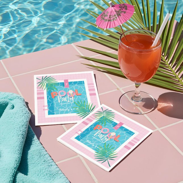 Serviette En Papier Piscine tropicale rose & bleu Tropical Anniversair (Tropical Pink & Blue Tropical Birthday Pool Party Napkins)