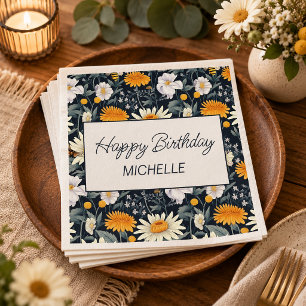Serviette En Papier Pissenlits Marguerites Bleu Nuit Joyeux Anniversai