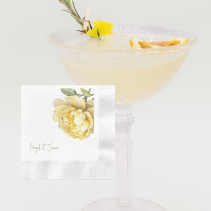 Serviette En Papier Pivoine jaune Noms personnalisés Monnaie Mariage