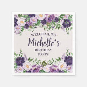 Serviette En Papier Pivoines Violettes Floral Bienvenue Anniversaire F