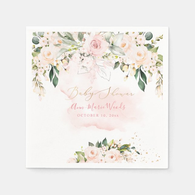 Serviette En Papier PixDezines Aquarelle Dusty Rose Roses Baby shower (Devant)