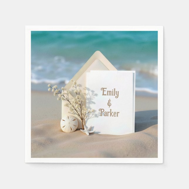 Serviette En Papier Plage Invitation Dans Le Sable Avec Starfish (Devant)