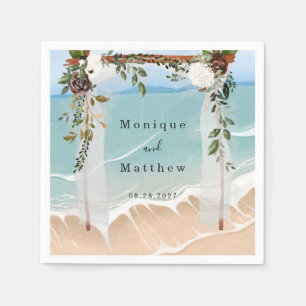 Serviette En Papier Plage Océan Blanc Canopée Floral Moderne Mariage