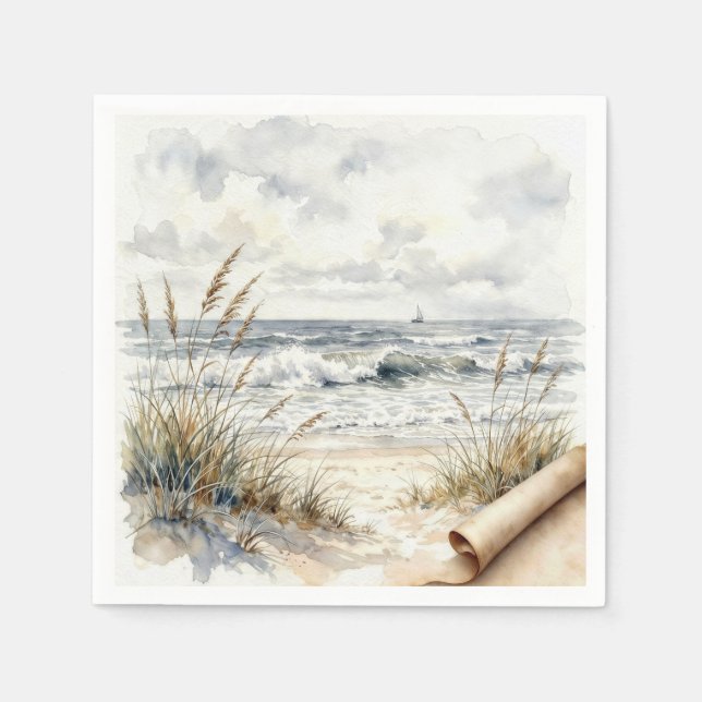 Serviette En Papier Plage océanique à l'aquarelle avec papier enroulé (Devant)