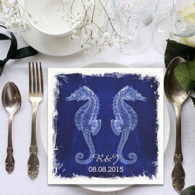 Serviette En Papier plage rustique côtière mariage bleu hippocampe (rustic beach coastal blue seahorse wedding napkins)