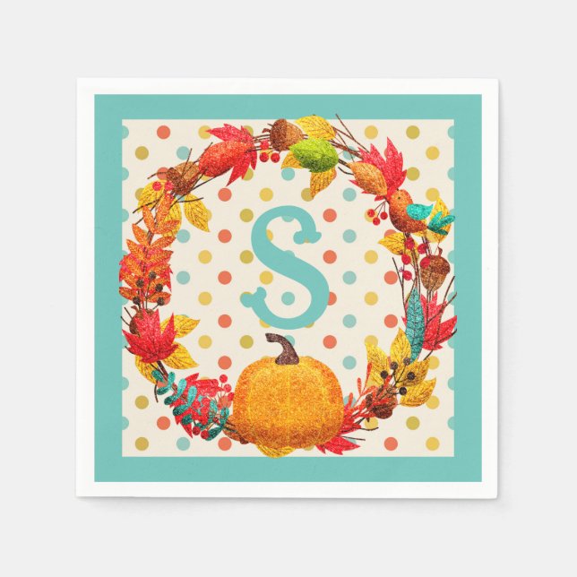 Serviette En Papier Plaisir automne citrouille wreath polka point turq (Devant)