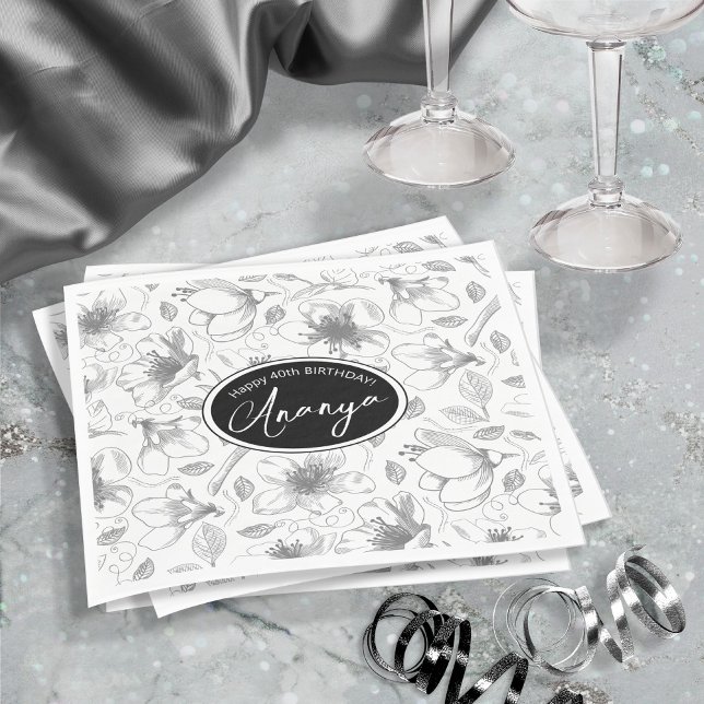 Serviette En Papier Plan floral esquissé Motif gris/Wht ID939 (Créateur téléchargé)