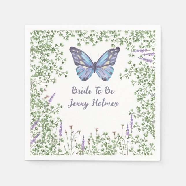 Serviette En Papier Pluie de Fleurs Sauvages Papillon Bleu Feuillage  (Devant)