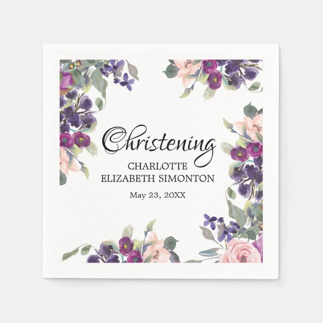 Serviette En Papier Plum Blush Floral Christening Personnalisé (Devant)