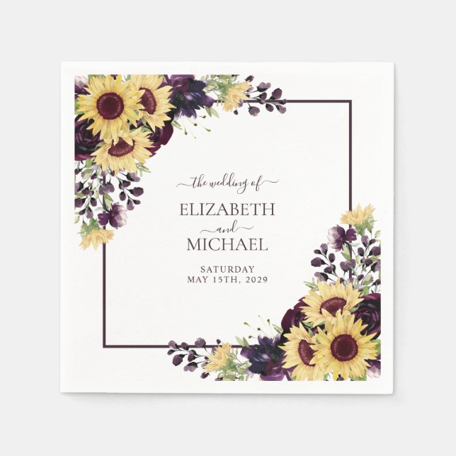 Serviette En Papier Plum Purple Tournesol Aquarelle Mariage Napkins (Devant)