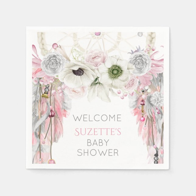Serviette En Papier Plumes d'attrape de rêve rose gris ivoire (Devant)
