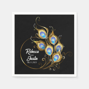 Serviette En Papier Plumes de paon doré Noir Boho moderne
