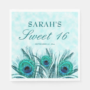 Serviette En Papier Plumes de paon Sweet 16 plumes scintillantes