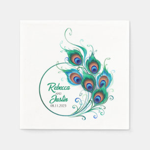 Serviette En Papier Plumes de paon vert Noir Boho moderne