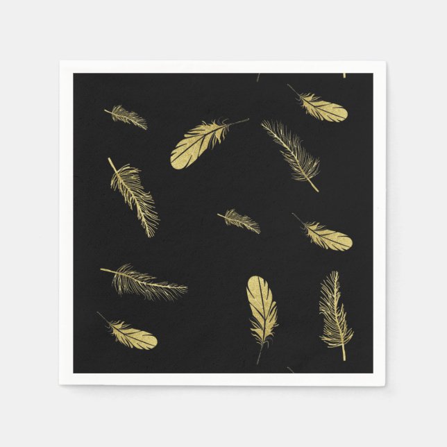 Serviette En Papier Plumes d'or noir (Devant)