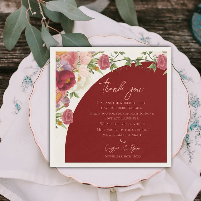 Serviette En Papier Pocher Floral Red Arch Mariage message Merci (Peach Floral Red Arch Wedding Thank you Message Napkins)