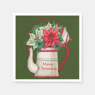 Serviette En Papier Poêle à thé à l'ancienne avec poinsettias Noël