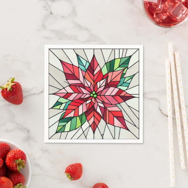 Serviette En Papier Poinsettia en verre teinté Festive Florales Découp (En situation)