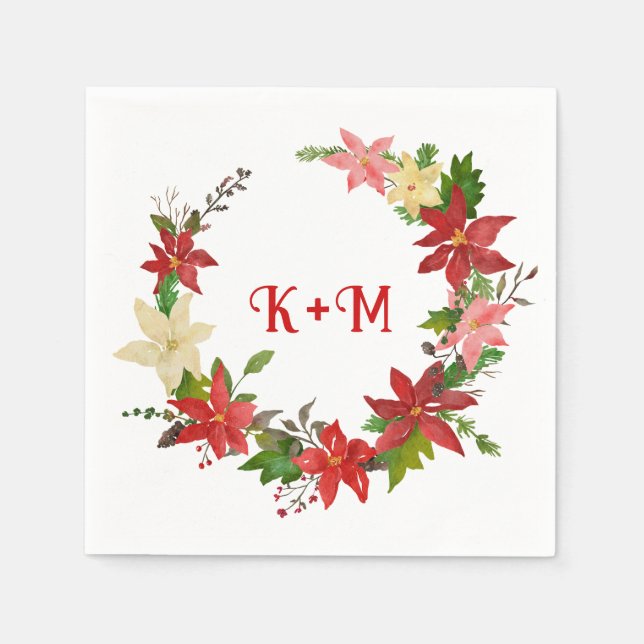 Serviette En Papier Poinsettia Mariage de couronne de Noël Monogramme (Devant)