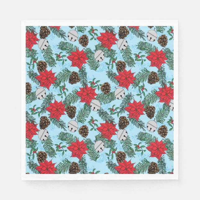 Serviette En Papier Poinsettias et cloches d'argent dans les serviette (Devant)