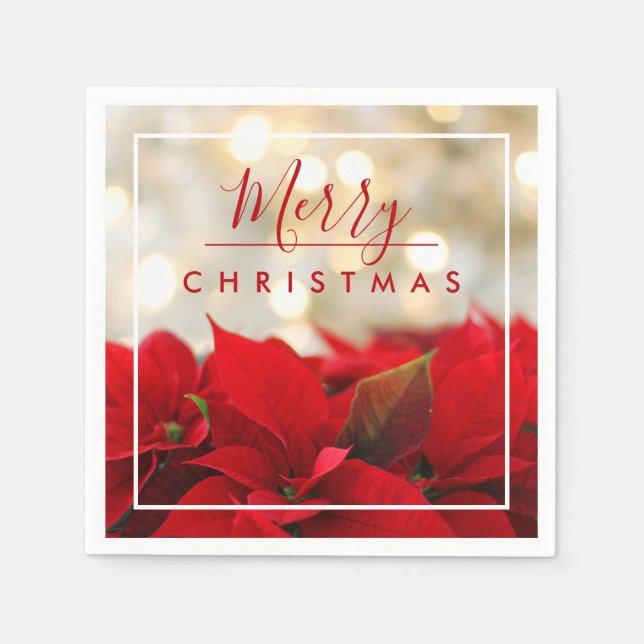 Serviette En Papier Poinsettias rouges avec Golden Bokeh Joyeux Noël (Devant)