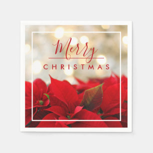 Serviette En Papier Poinsettias rouges avec un joyeux Noël à bokeh dor