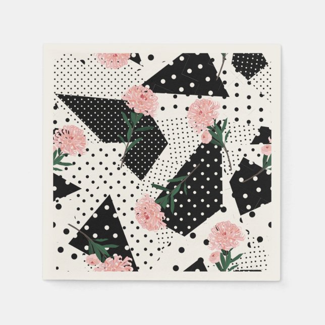 Serviette En Papier Points Abstraits modernes et fleurs roses (Devant)
