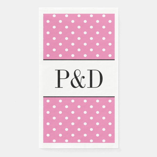 Serviette En Papier Points polka rose et blanc monogramme personnalisé (Devant)