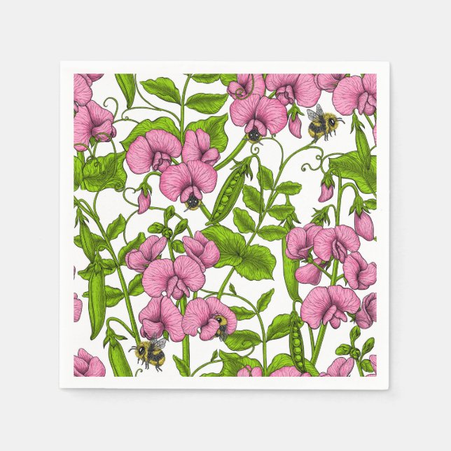 Serviette En Papier Pois doux et bourdons, rose, vert et blanc (Devant)