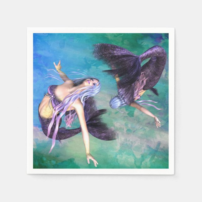 Serviette En Papier Poissons - Deux sirènes nageant en boucle (Devant)